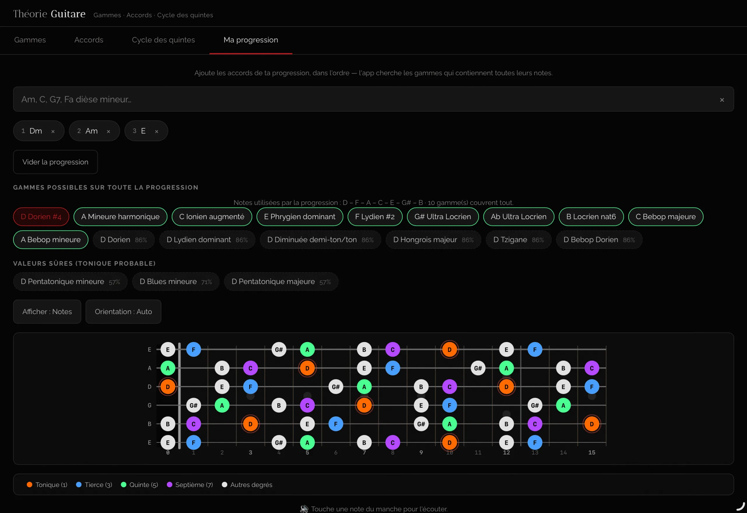 Interface de l'outil de théorie musicale pour guitare