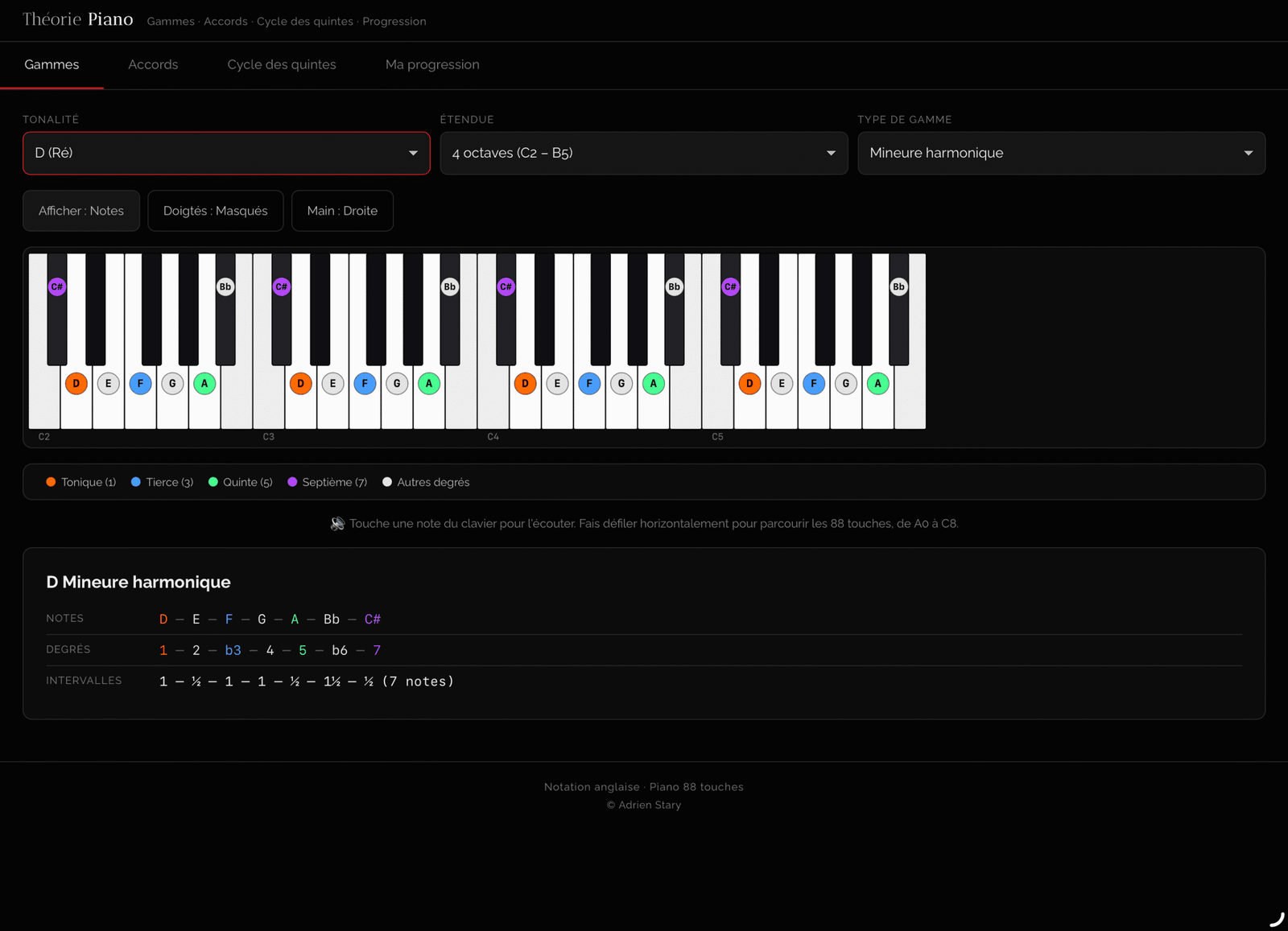 Interface de l'outil de théorie musicale pour piano