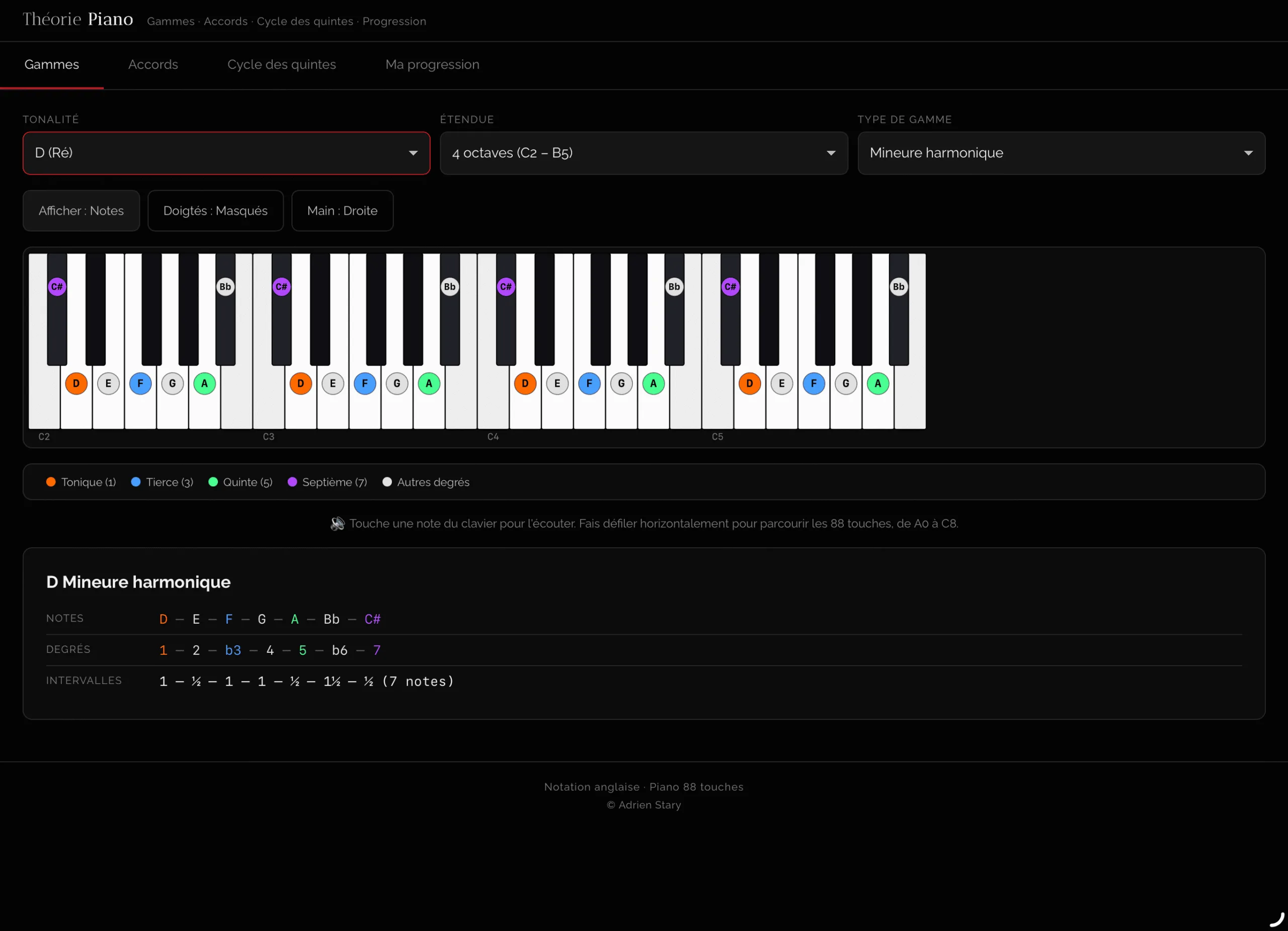 Interface de l'outil de théorie musicale pour piano