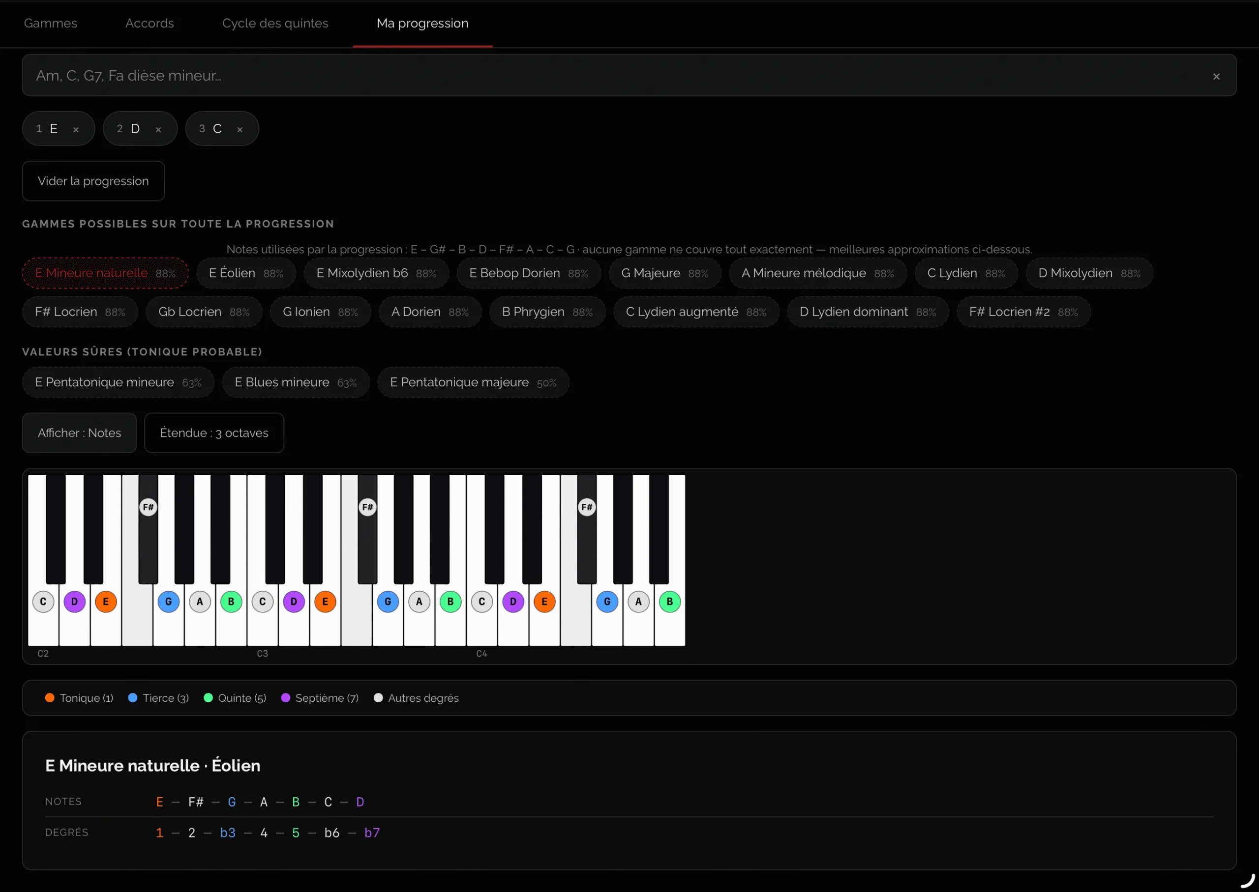 Interface de l'outil Théorie Piano : les gammes possibles sur une progression, affichées sur le clavier
